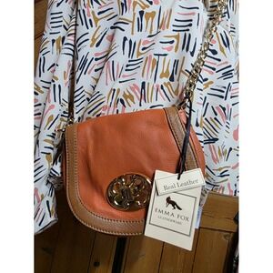 Emma Fox Orange Leather Crossbody Bag Gold Flower Turn Lock Saddle‎ Bag New